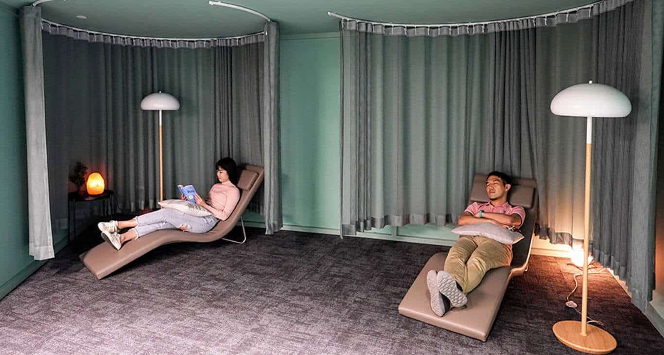 JustCo resting room with reclined lounge chairs at the CenterPoint branch